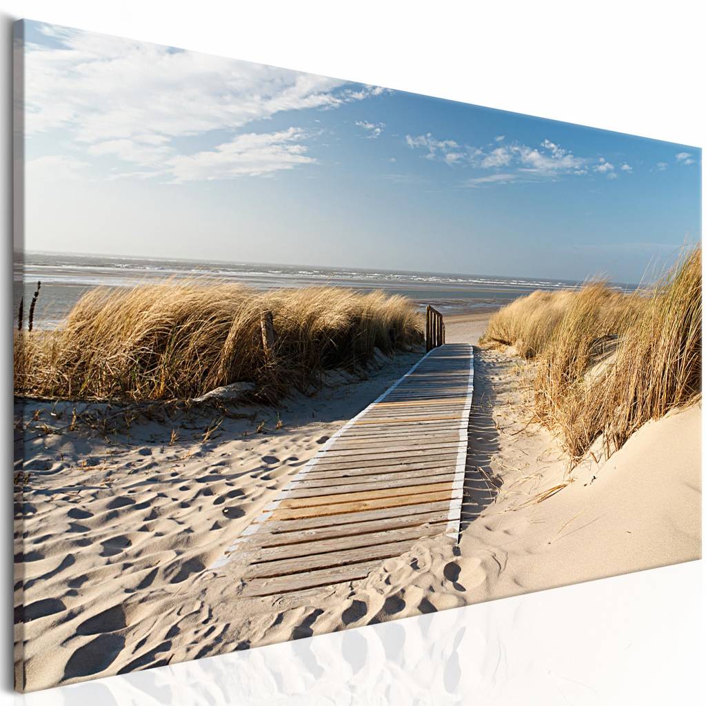 Schilderij - Onbewaakt strand , beige blauw afbeelding