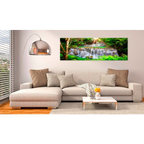 Schilderij - Waterval - Panorama, groen/bruin, premium print op canvas, 1 deel