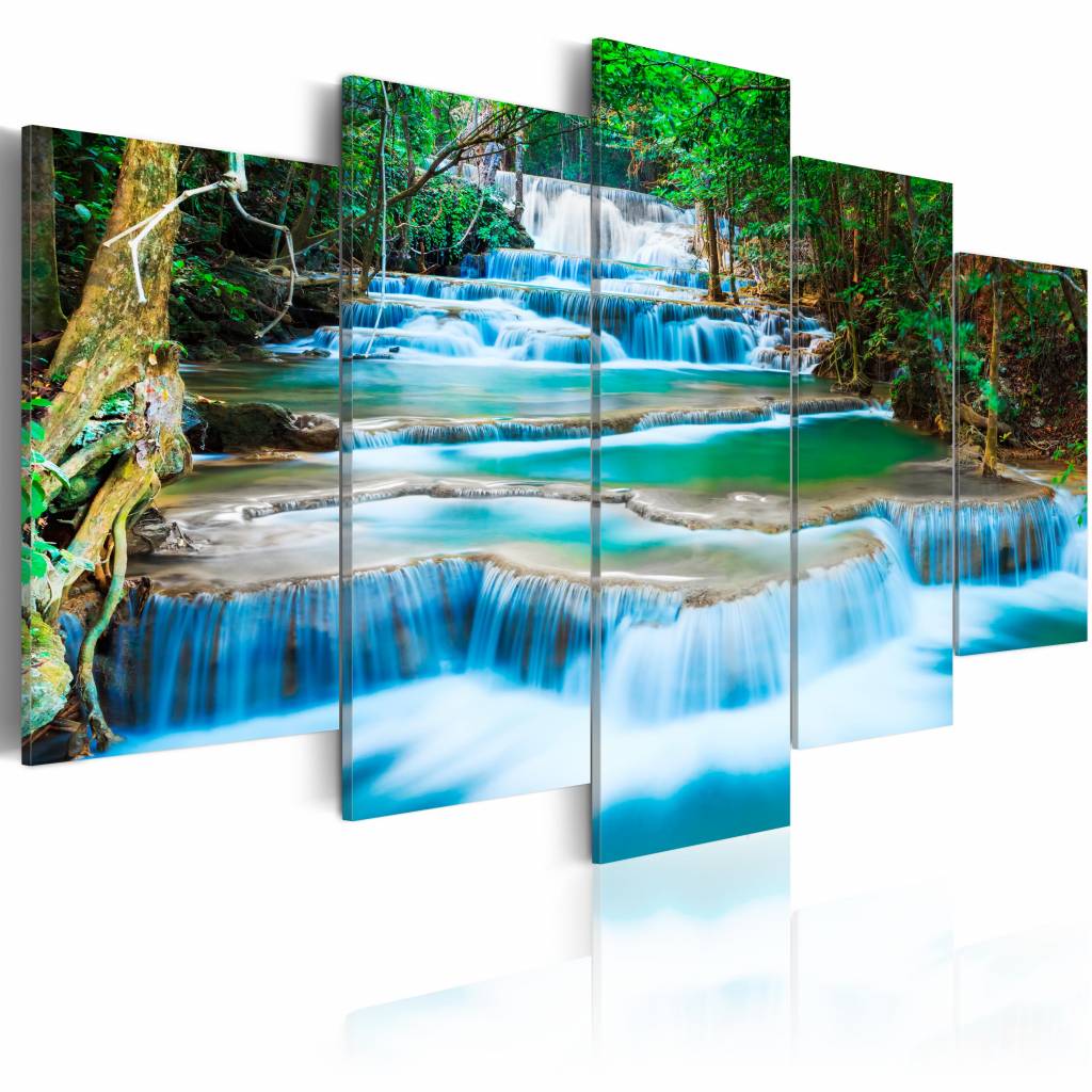 Schilderij - Blauwe Waterval in Kanchanaburi - Thailand, 5luik , groen , premium print op canvas afbeelding