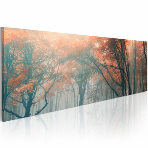 Schilderij - Herfst Mist , oranje grijs , wanddecoratie , premium print op canvas