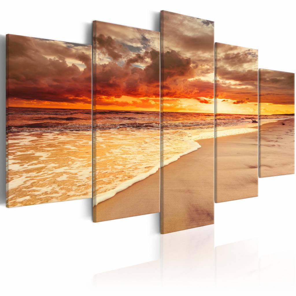 Schilderij - Prachtige zonsondergang aan zee , 5 luik - 200x100 cm