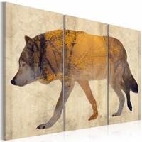 Schilderij - Zwervende Wolf, 3 luik, Beige/Geel, 3 maten, Premium print