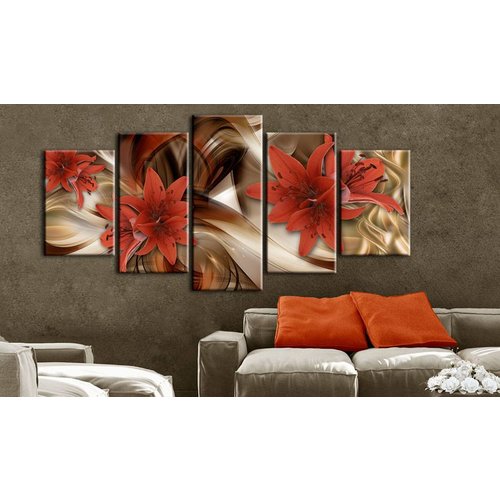 Schilderij - Abstract rode lelie, 5 luik, Beige/Rood, 2 maten, Premium print