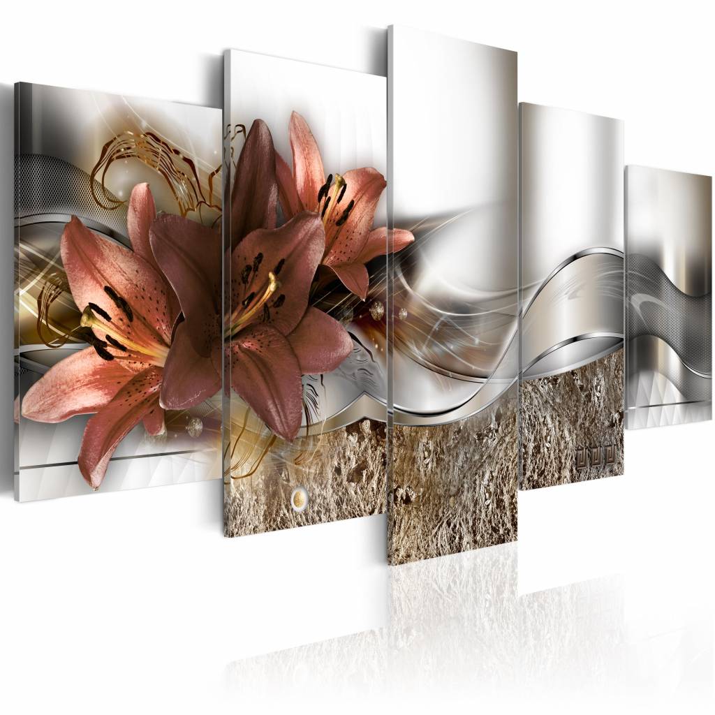 Schilderij - Lily Marsala en abstractie, 5 luik, Bruin/Wit, 2 maten, Premium print afbeelding