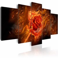 Schilderij - Vlammende roos, 5 luik, Zwart/Rood/Oranje, 2 maten, Premium print