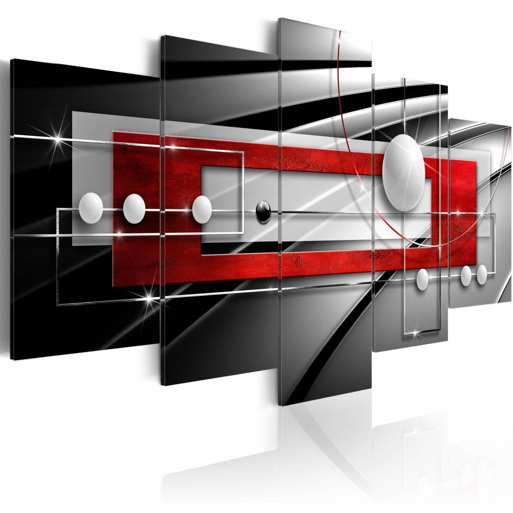 Schilderij - Moderne Symmetrie in rood, 5 luik, Grijs/Wit/Rood, 2 maten, Premium print afbeelding
