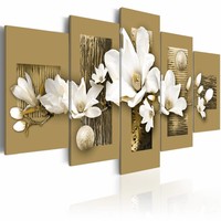 Schilderij - Magnolia tuin , bruin wit , 5 luik