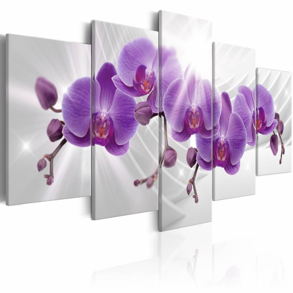 Schilderij - Abstracte tuin: Paarse Orchidee , 5 luik
