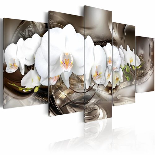 Schilderij - Bruine Illusie - orchidee , wit , 5 luik