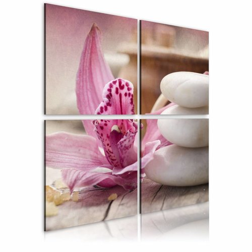 Schilderij - Orchidee en zen , wit roze , 4 luik