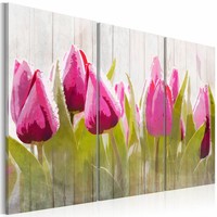 Schilderij - Tulpen in de lente , roze groen , 3 luik