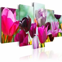 Schilderij - Vrolijke bloemen , roze paars , 5 luik