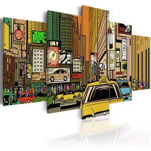 Schilderij - New York City - Cartoon, Multi-gekleurd, 5luik, premium print