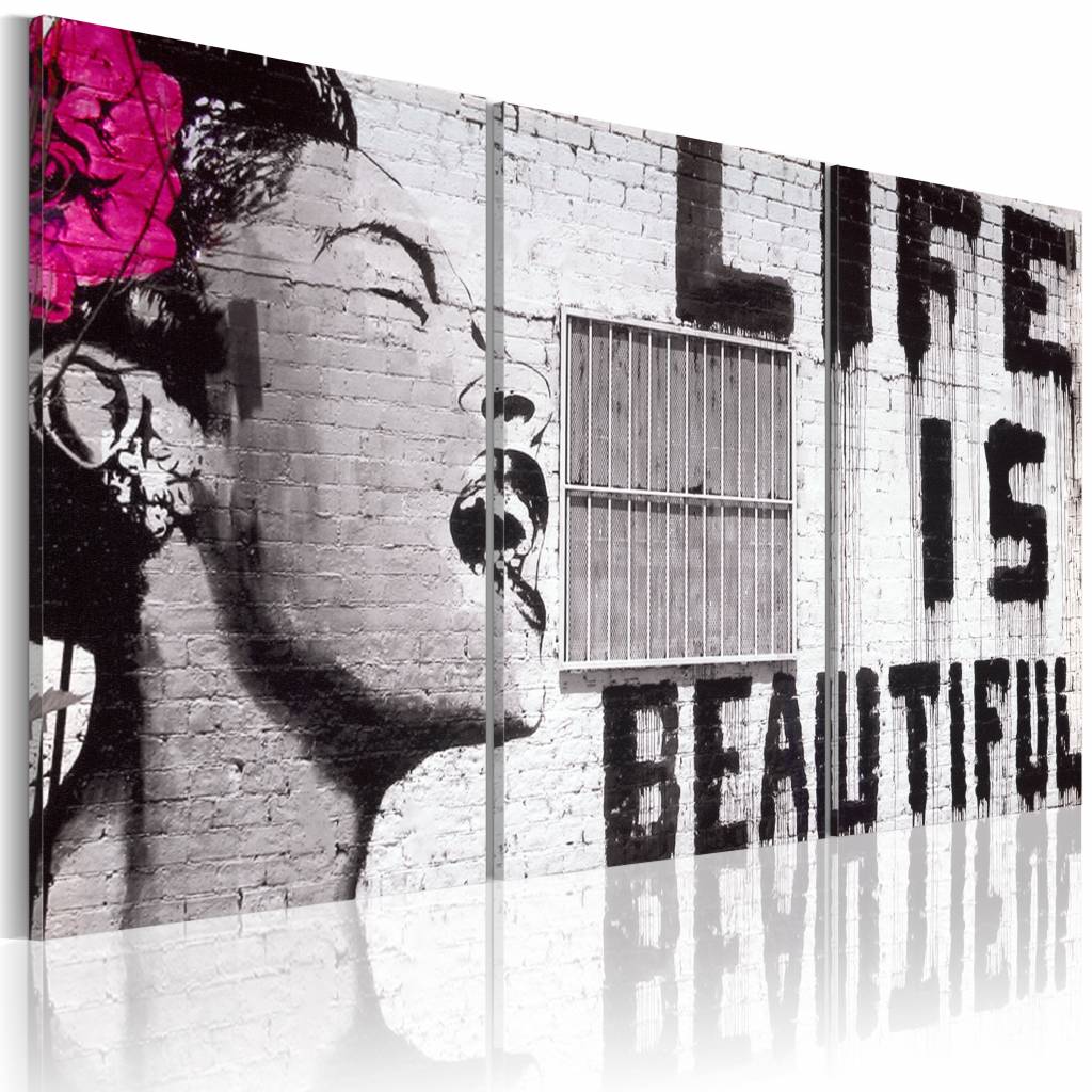 Schilderij - Banksy - Life is Beautiful, Zwart-Wit/Roze, 3luik, Premium print