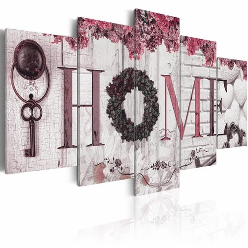 Schilderij - Huis van Herinneringen - Home , wit roze , hout look , 5 luik