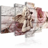 Schilderij - Dagdromende engel, 5 luik, Beige/Roze, 2 maten, Premium print