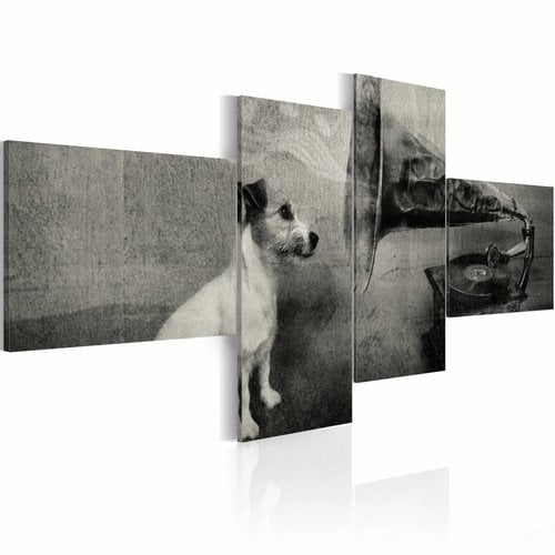 Schilderij - Hond bij grammofoon, 4 luik, Zwart/wit, 2 maten, Premium print