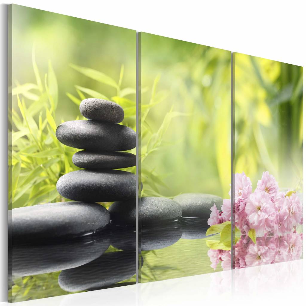Schilderij - Zen Compositie, Groen, 3luik , premium print op canvas