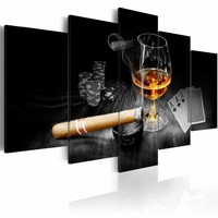 Schilderij - Duister Geheim - Whiskey en Sigaar , bruin , zwart , 5 luik