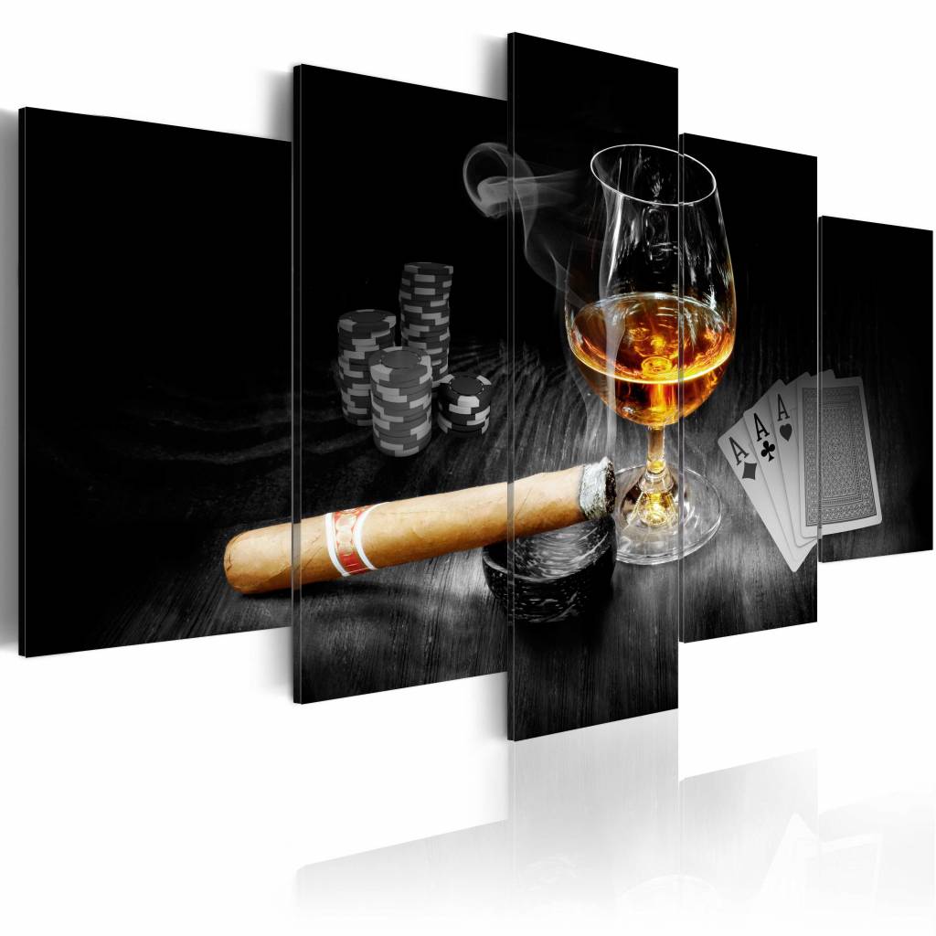 Schilderij - Duister Geheim - Whiskey en Sigaar , bruin , zwart , 5 luik afbeelding