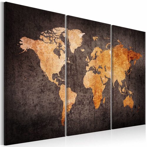 Schilderij - Kastanje Wereldkaart , bruin , 3 luik
