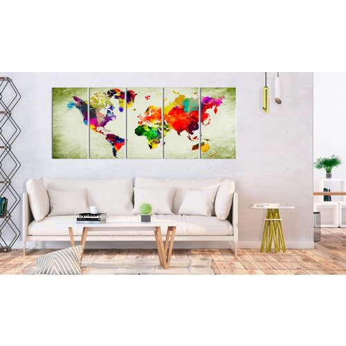 Schilderij - Kleurrijke Continenten - Wereldkaart , multi kleur , 5 luik