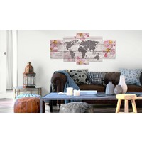 Schilderij - Wereldkaart - Wereld in Steen, 5luik , wanddecoratie , premium print op canvas