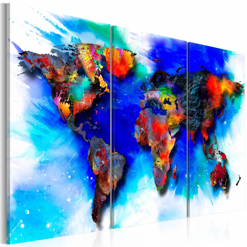 Schilderij - Wereldkaart - Regenboog Kaart, Multi-gekleurd, 3luik , wanddecoratie , premium print op
