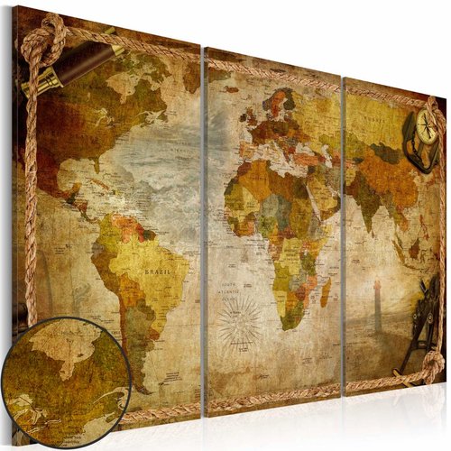 Schilderij Wereldkaart - Wereld in Touwen, 3luik , beige bruin , wan - Karo-art VOF