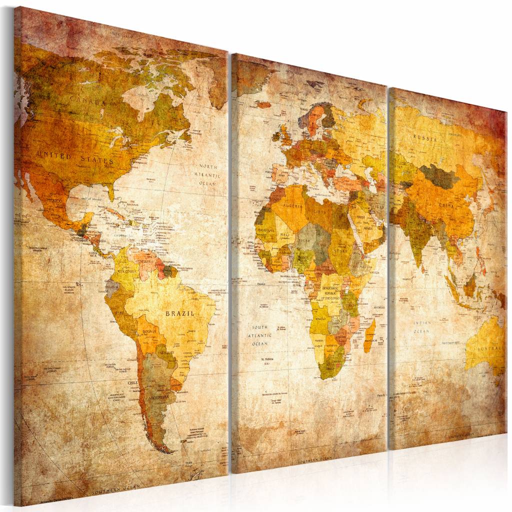 Schilderij - Wereldkaart - Antieke Reis, 3luik , multikleur , wanddecoratie , premium print op canvas afbeelding