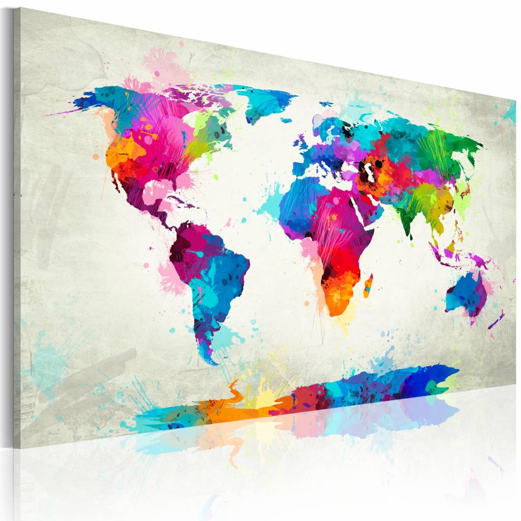 Schilderij - Wereldkaart - Kleuren Explosie, Multi-gekleurd , wanddecoratie , premium print op canva