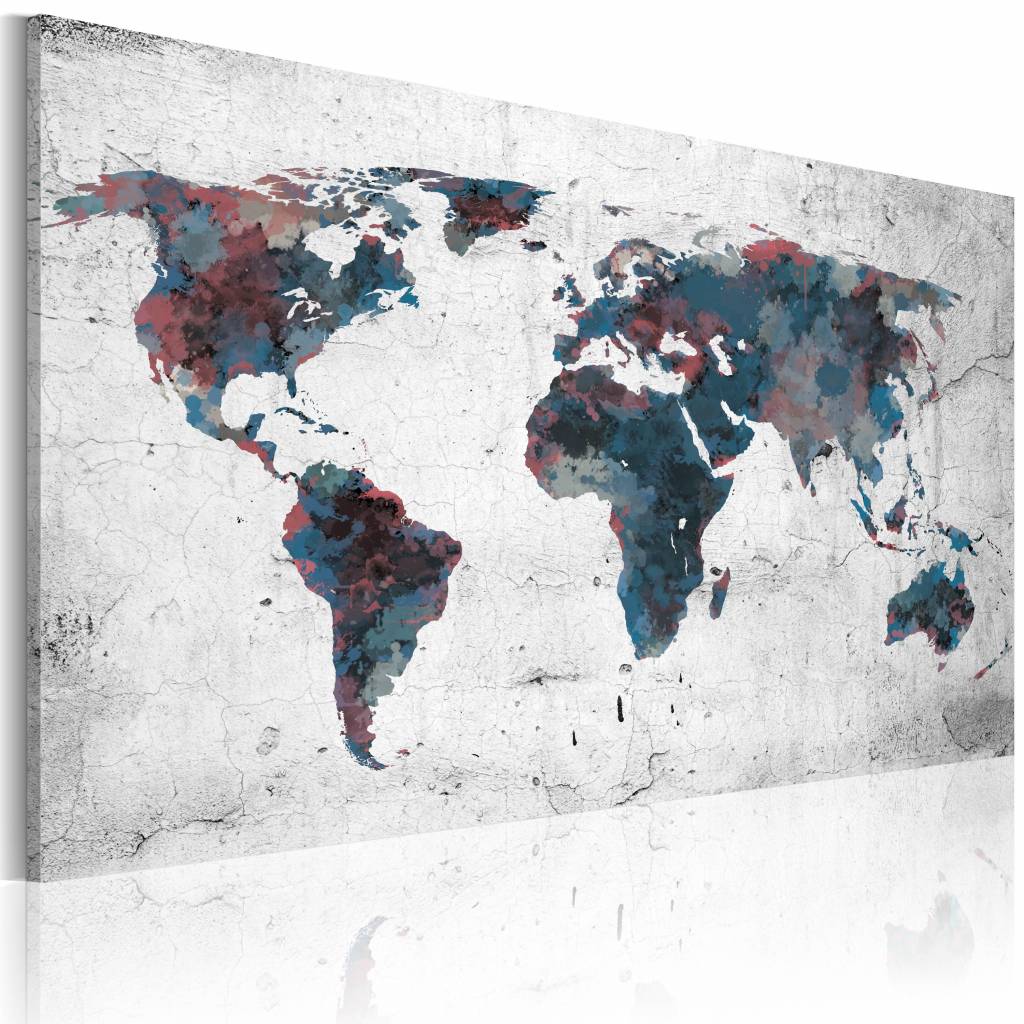 Schilderij - Wereldkaart - Continenten , premium print op canvas