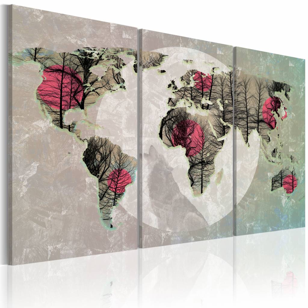Schilderij - Wereldkaart - Volle maan II, 3Luik , multikleur , premium print op canvas