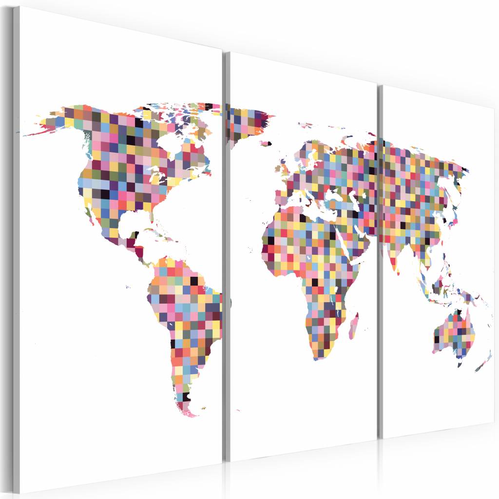 Schilderij - Wereldkaart- Pixels, 3luik , multikleur , premium print op canvas