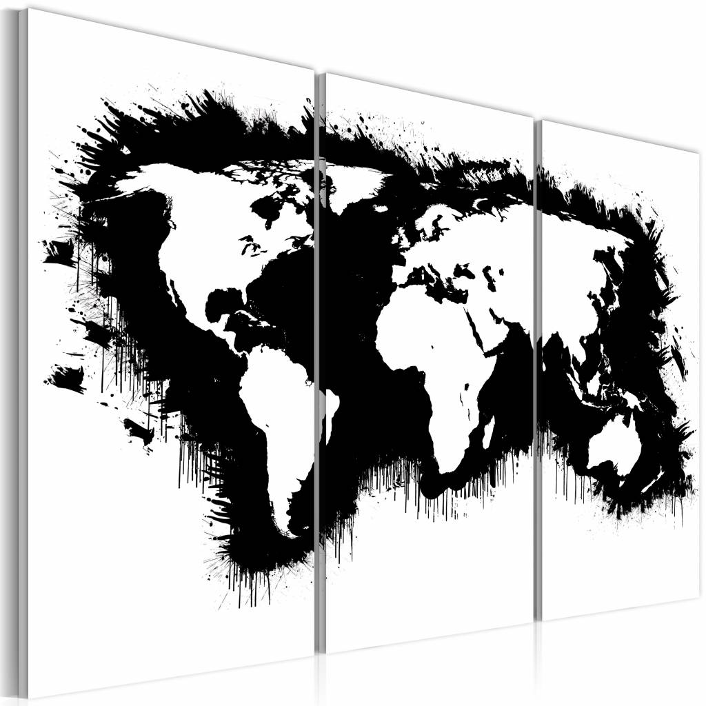 Schilderij - Wereldkaart - Monochromatisch kaart van de Wereld, Zwart-Wit, 3luik , premium print op 