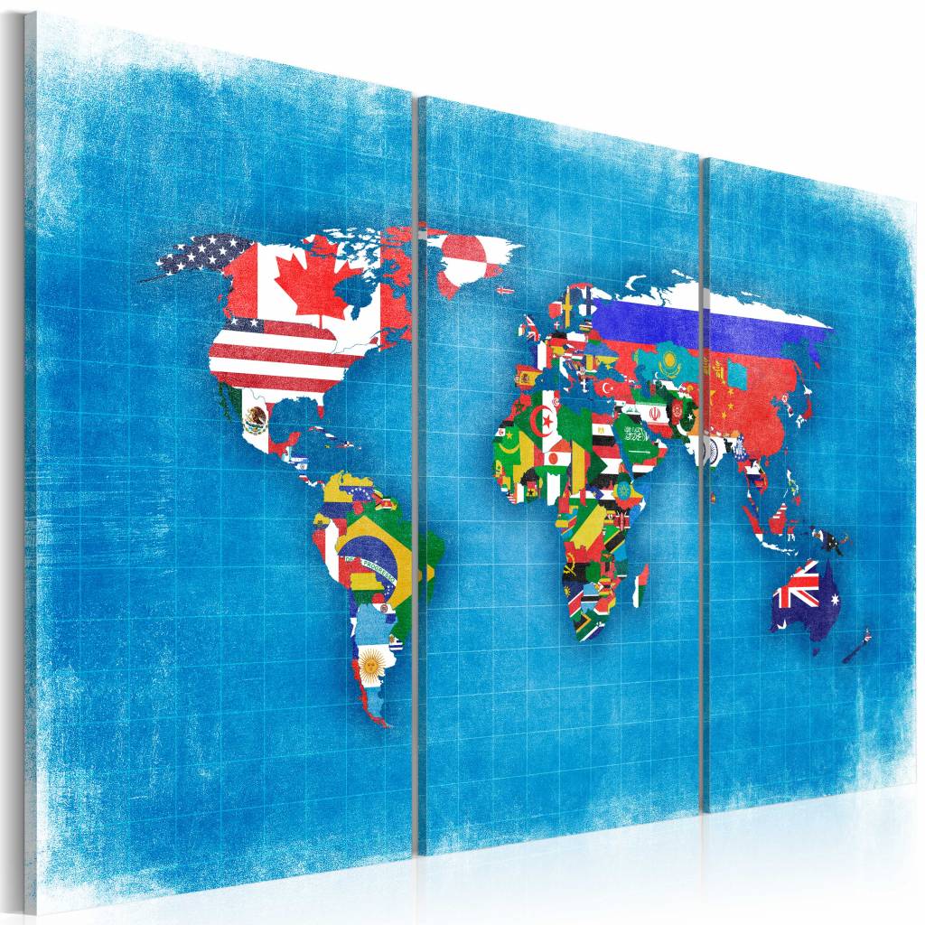 Schilderij - Wereldkaart - Vlaggen van de Wereld, Blauw, 3luik , premium print op canvas