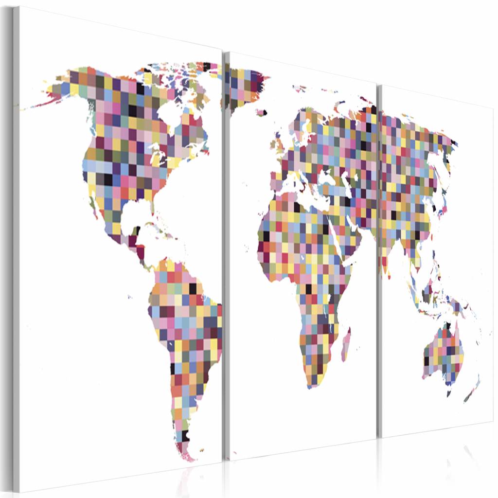 Schilderij - Wereldkaart - Digitale wereld, 3luik , multikleur , premium print op canvas