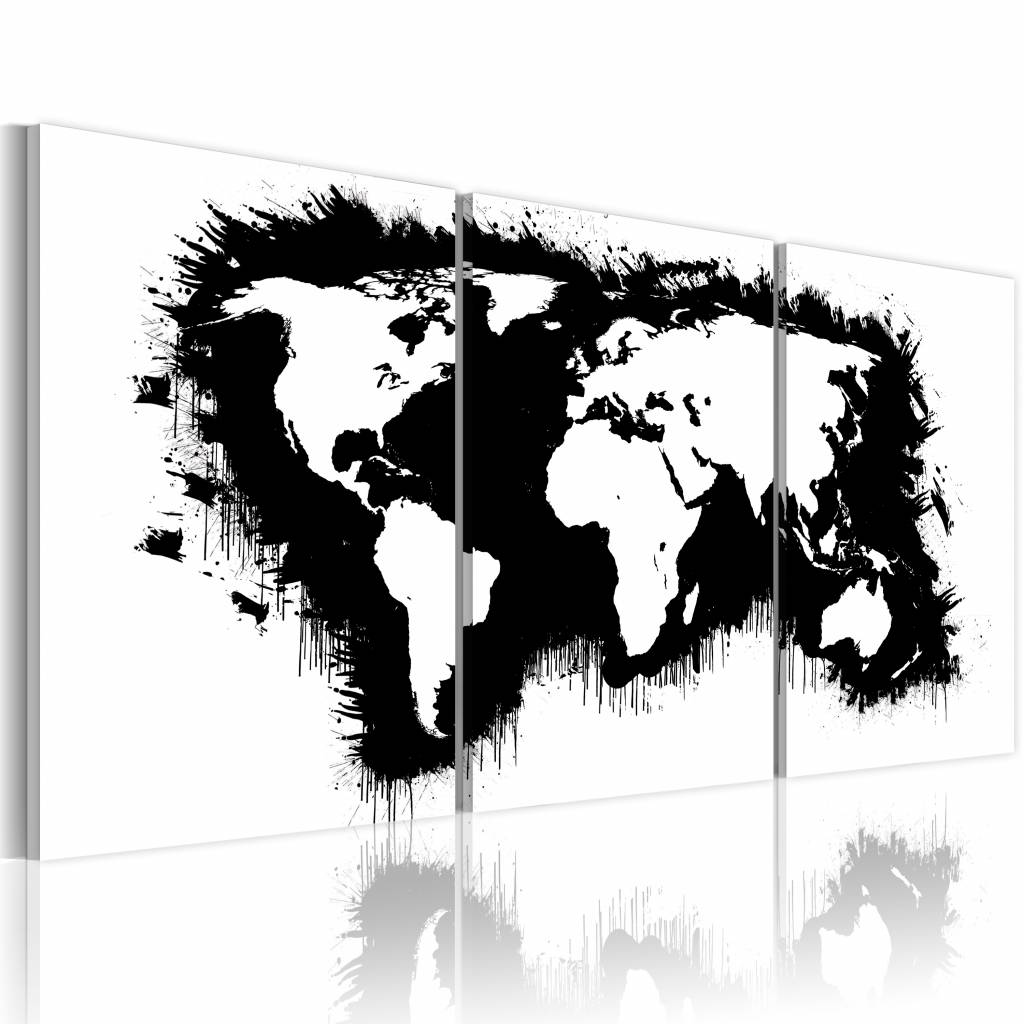 Schilderij - Wereldkaart - De Wereld in Zwart-Wit, 3luik , premium print op canvas