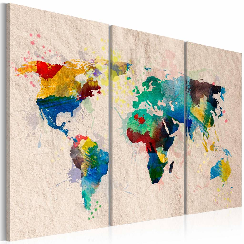 Schilderij - Wereldkaart - De Wereld van Kleuren, 3luik , premium print op canvas