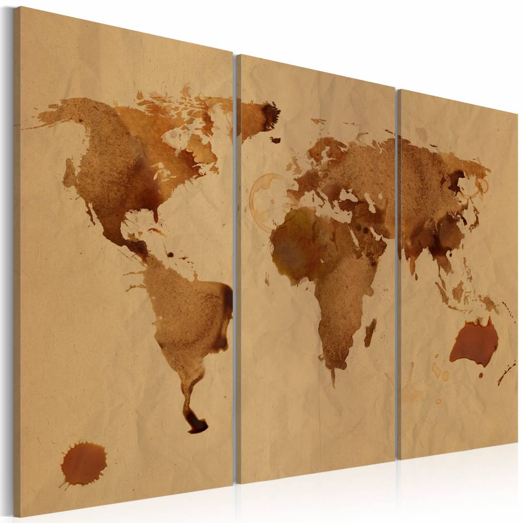 Schilderij - Wereldkaart - De Wereld beschilderd met koffie, Bruin, 3luik , premium print op canvas
