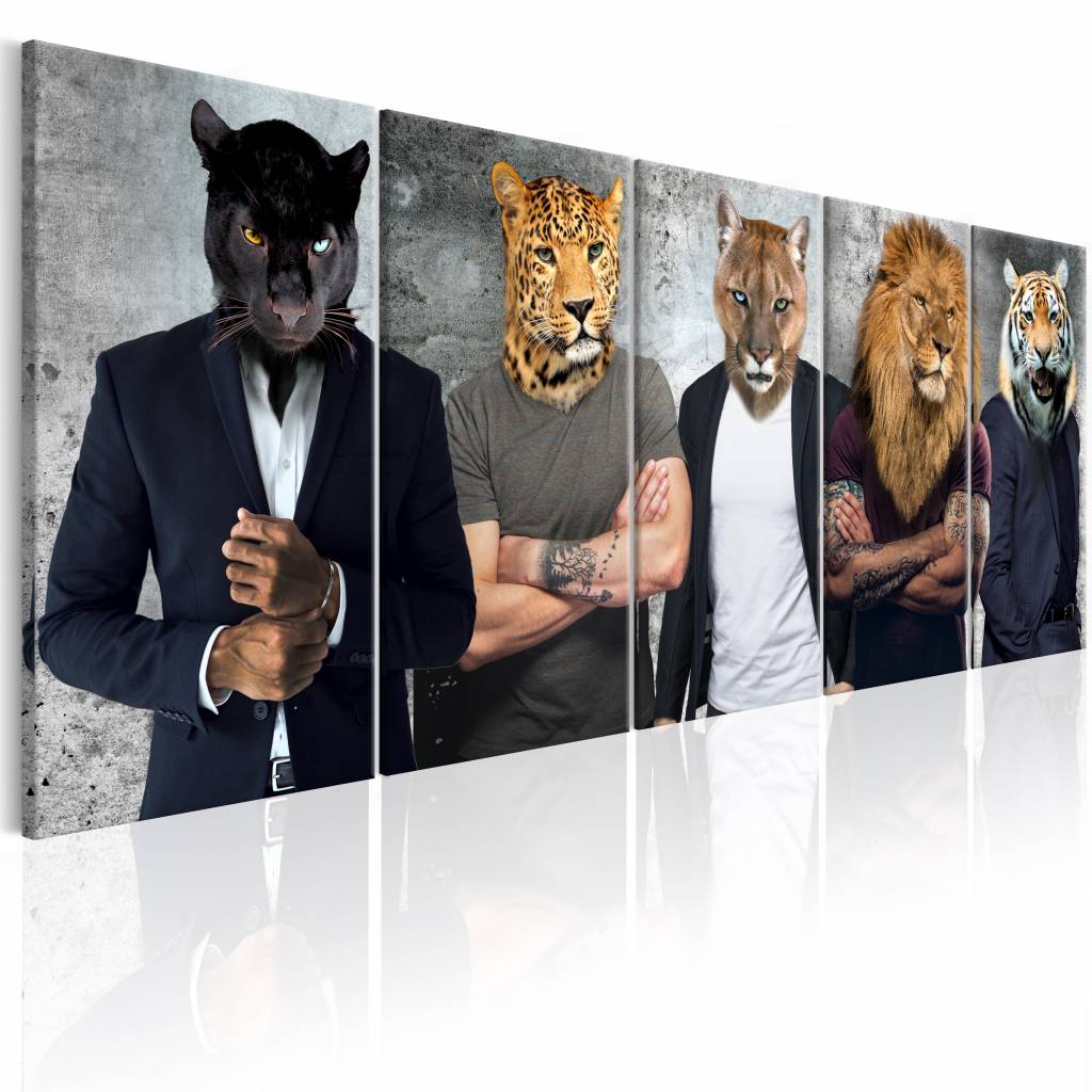 Schilderij - Andere Gezichten , mannen met dierenmasker , 5 luik