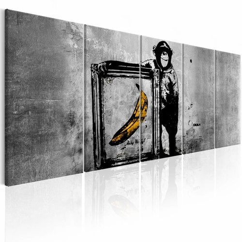 Schilderij - Banksy: Aap met Frame , grijs , 5 luik