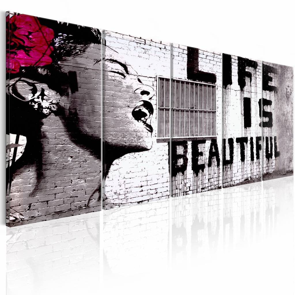 Schilderij - Banksy: Life is Beautiful , 5 luik , rode bloem afbeelding