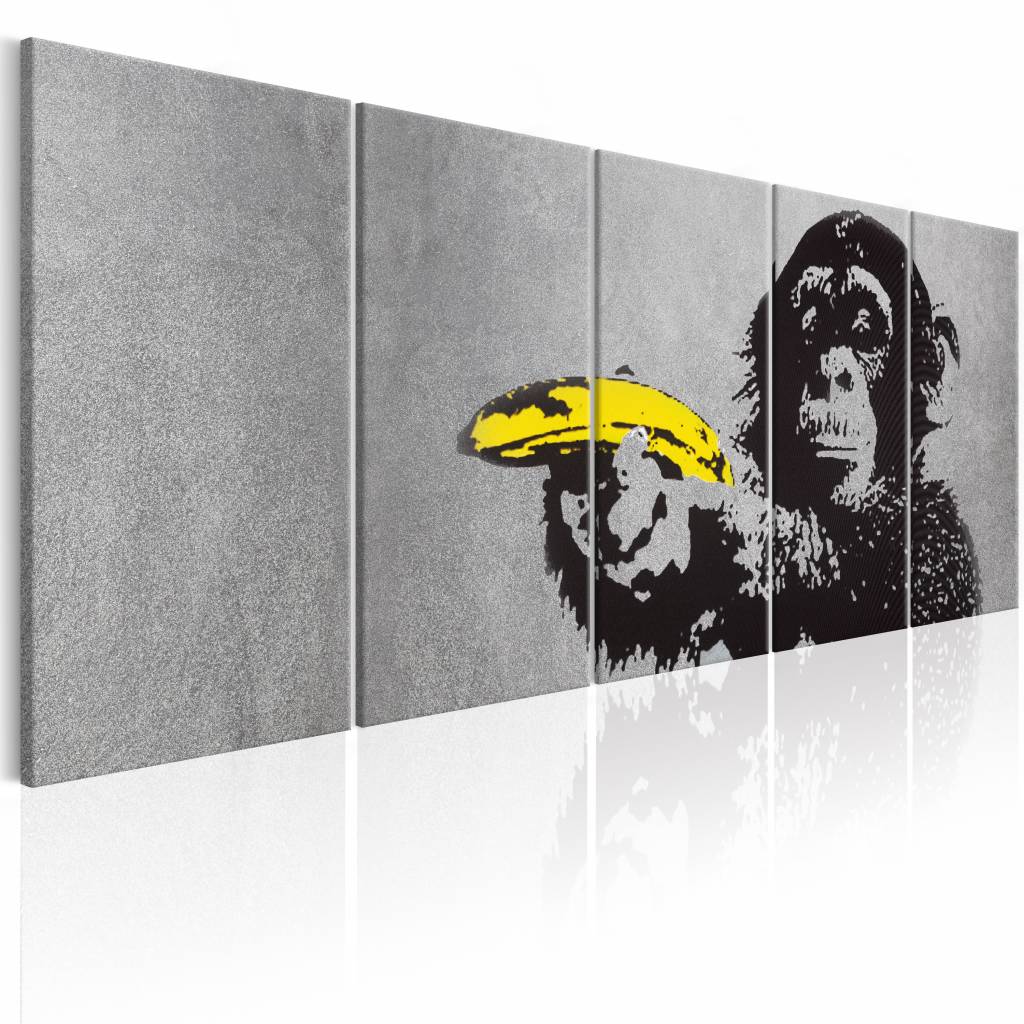 Schilderij - Aap en Banaan - Banksy , 5 luik afbeelding