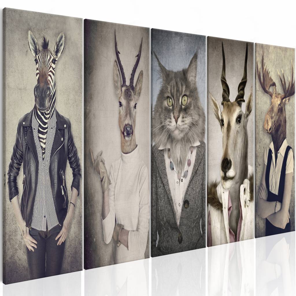 Schilderij - Dierenmasker , 5 luik , mens met dierenmasker