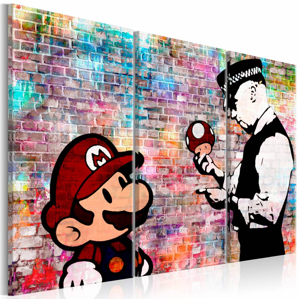 Schilderij - Regenboog muur - Banksy , mario bros , 3 luik , multi kleur