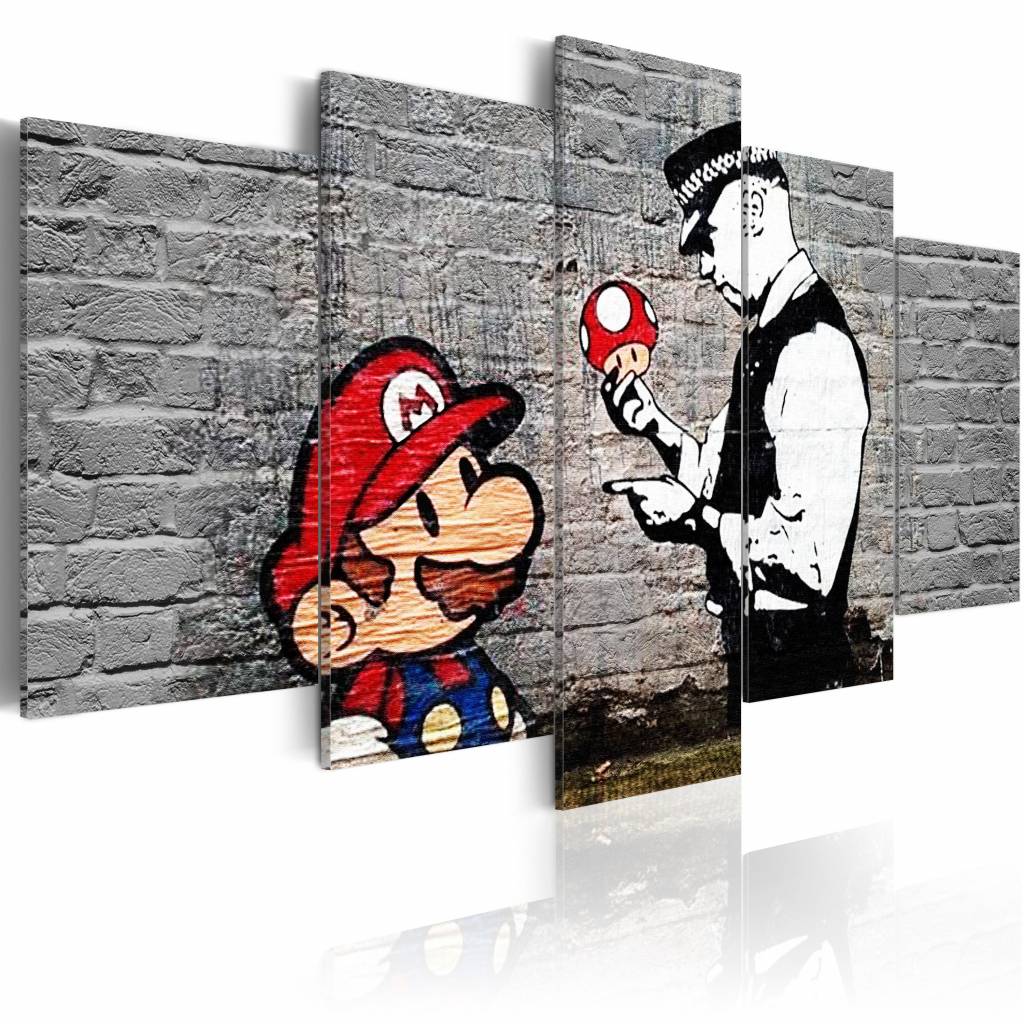 Schilderij - Super Mario Mushroom Cop - Banksy, Zwart-Wit/Rood, 5luik