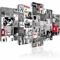 Schilderij - Collage Banksy, Grijs/Rood, 5luik Schilderij - Collage Banksy, Grijs/Rood, 5luik