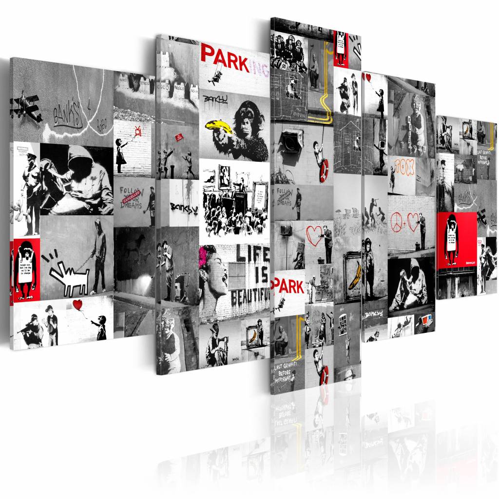 Schilderij - Collage Banksy, Grijs/Rood, 5luik afbeelding