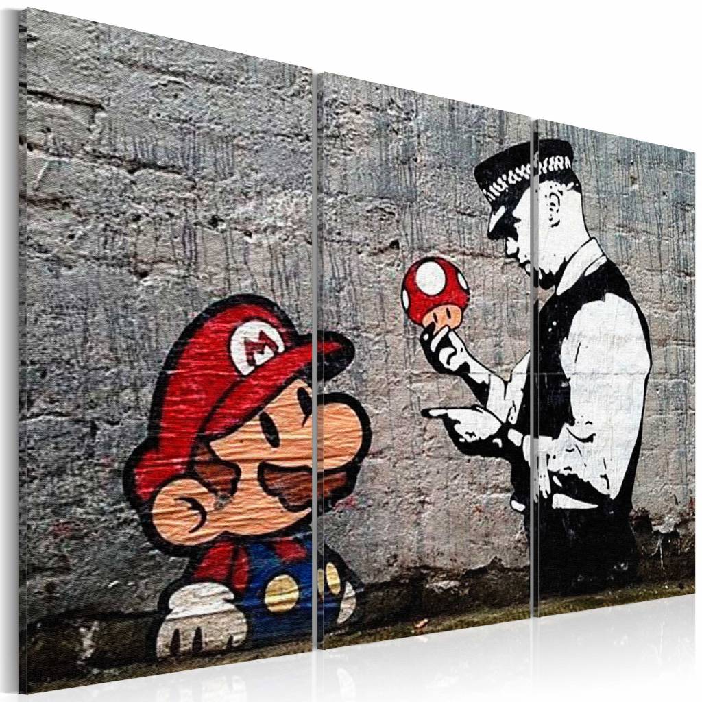 Schilderij - Super Mario Mushroom Cop - Banksy , paddenstoel politie , 3 luik , grijs rood afbeelding